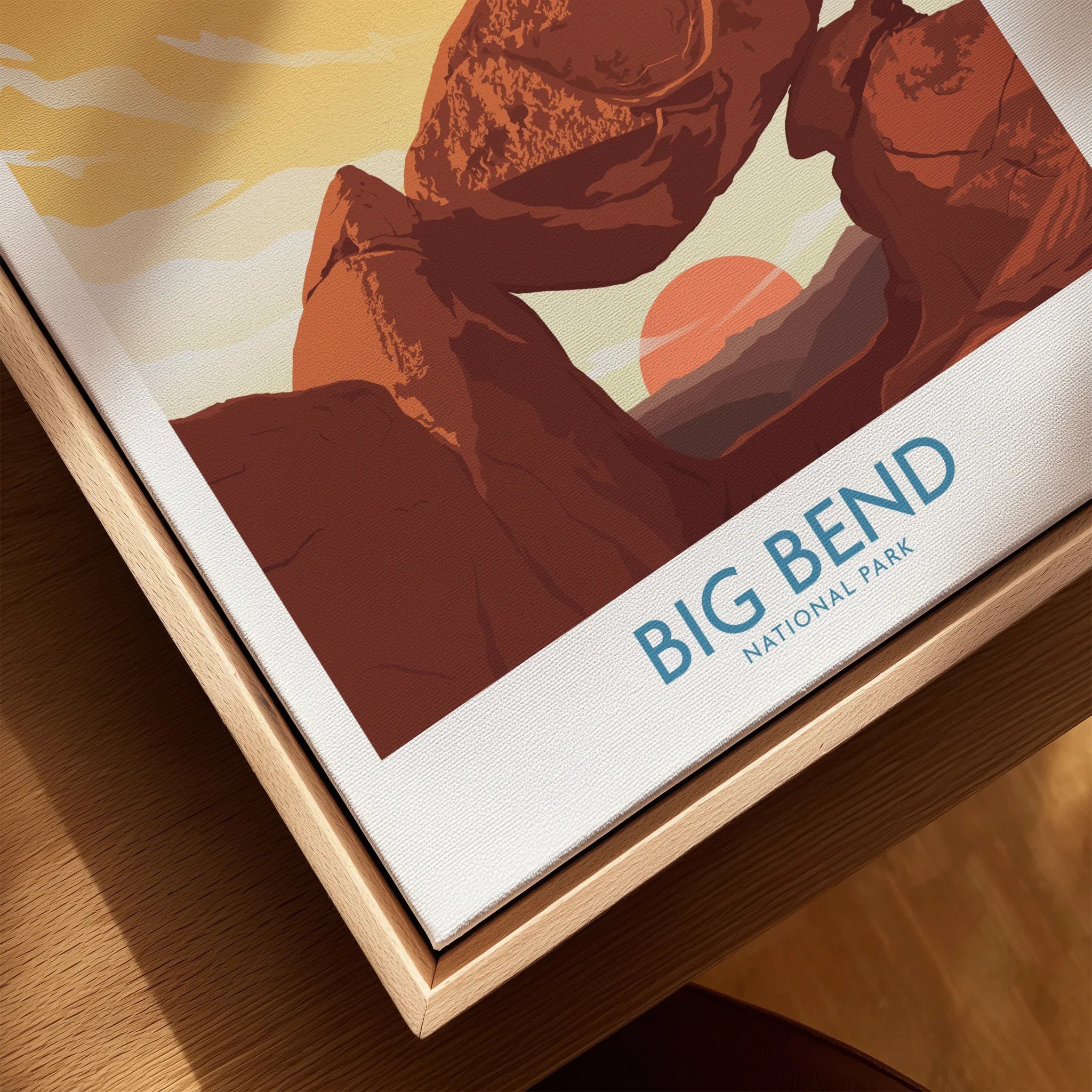 Close-up of Big Bend National Park canvas print in natural wood floating frame