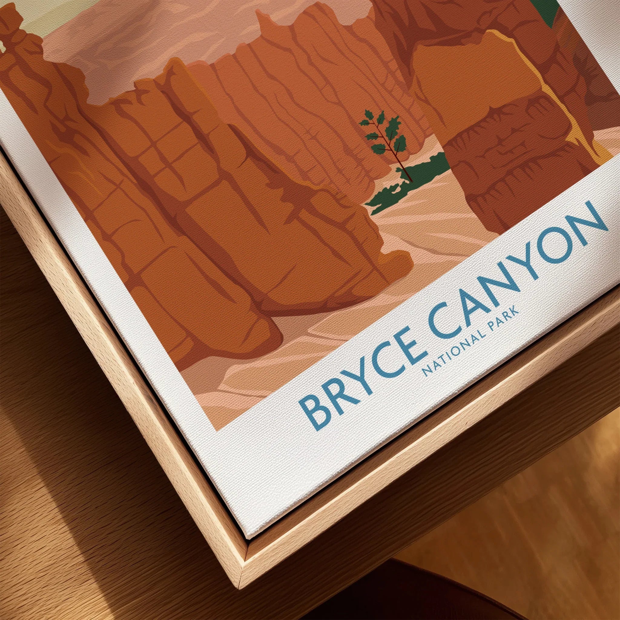 Bryce Canyon National Park print closeup in natural wood floating frame, modern wall art
