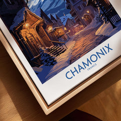 Chamonix Print showcasing a snowy street in Chamonix, France, perfect for ski enthusiasts and home decor.