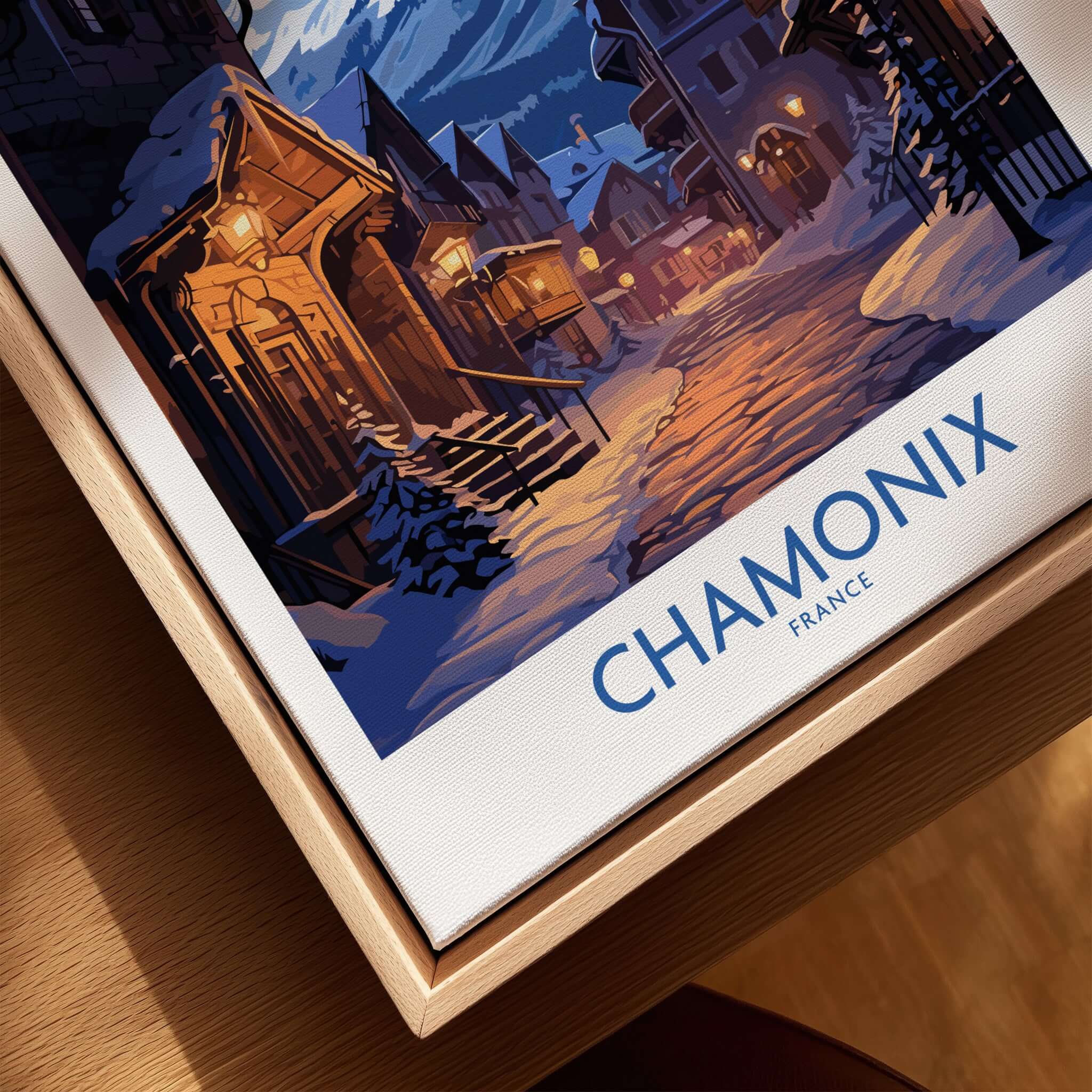 Chamonix Print showcasing a snowy street in Chamonix, France, perfect for ski enthusiasts and home decor.