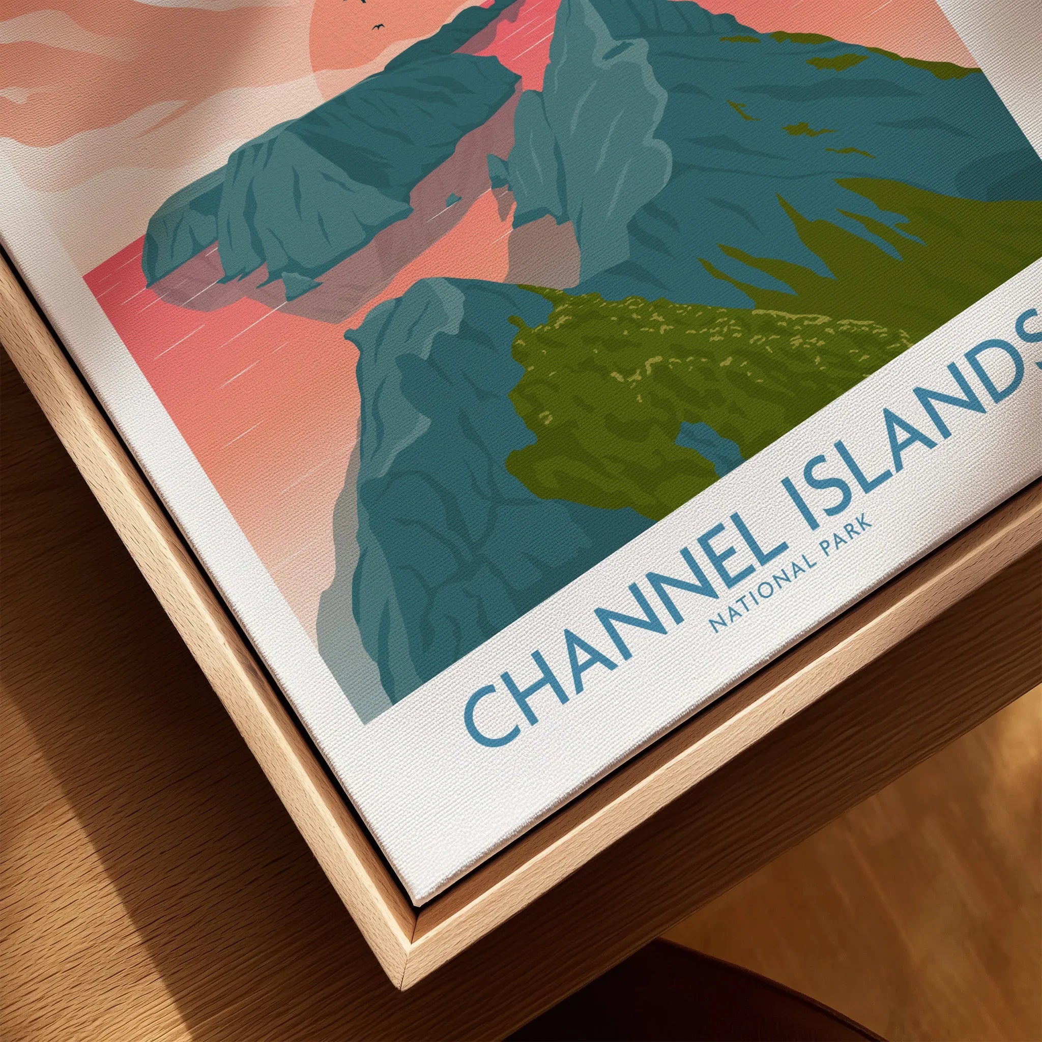 Channel Islands National Park art print in natural wood floating frame, close-up view