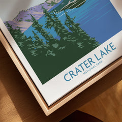 Crater Lake National Park travel poster in natural wood floating frame, close-up view
