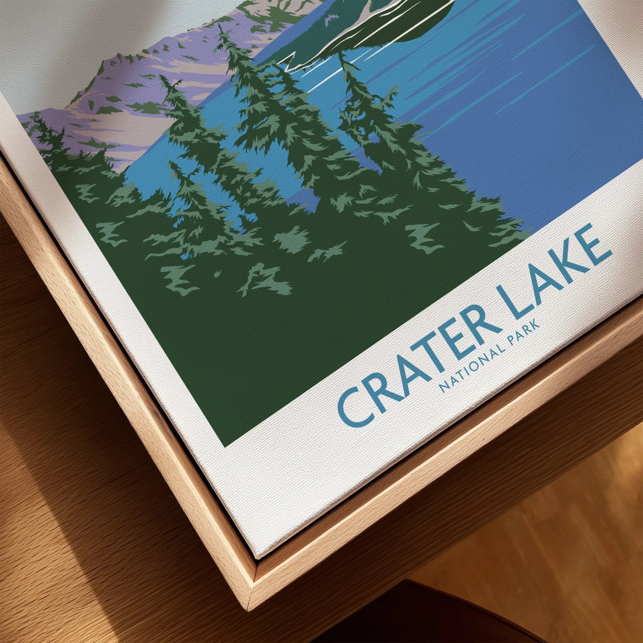 Crater Lake National Park travel poster in natural wood floating frame, close-up view