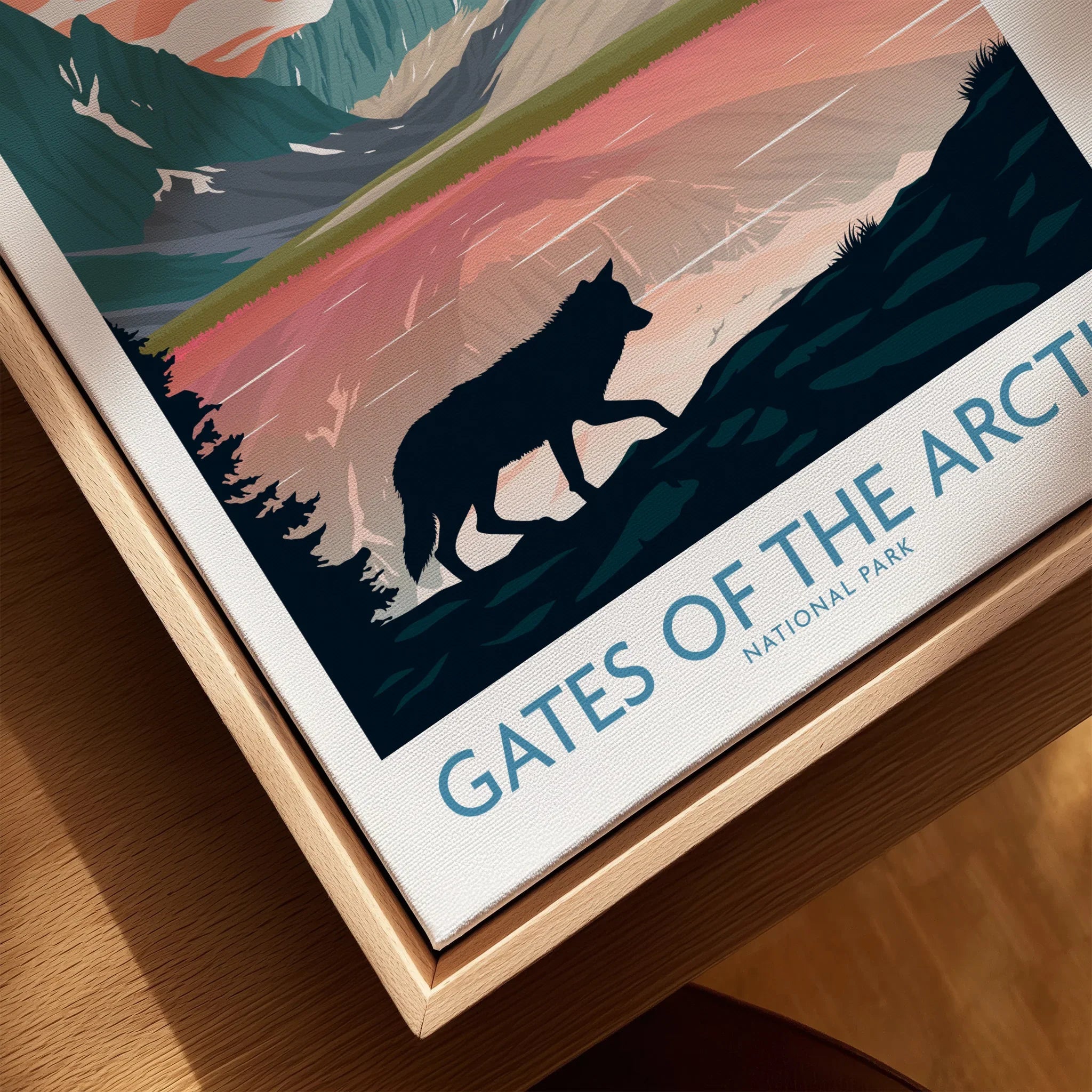 Gates of the Arctic National Park print with wolf silhouette in natural wood framed canvas.