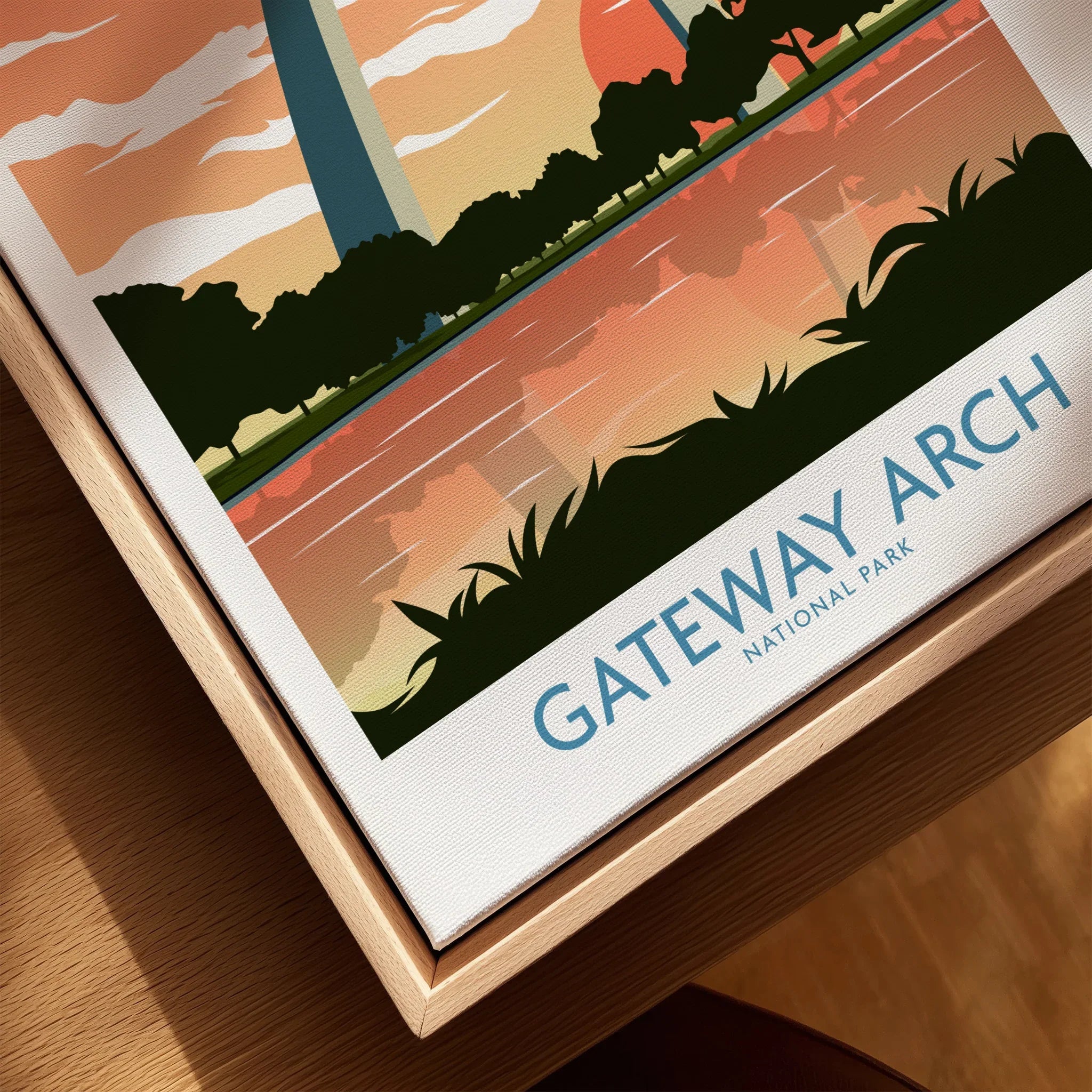 Framed Gateway Arch National Park travel poster close-up, natural wood floating frame.