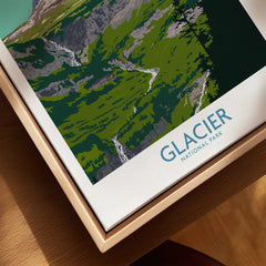 Closeup of Glacier National Park canvas art in natural wood floating frame