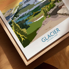 Glacier National Park print in natural wood floating frame, closeup showing landscape details.
