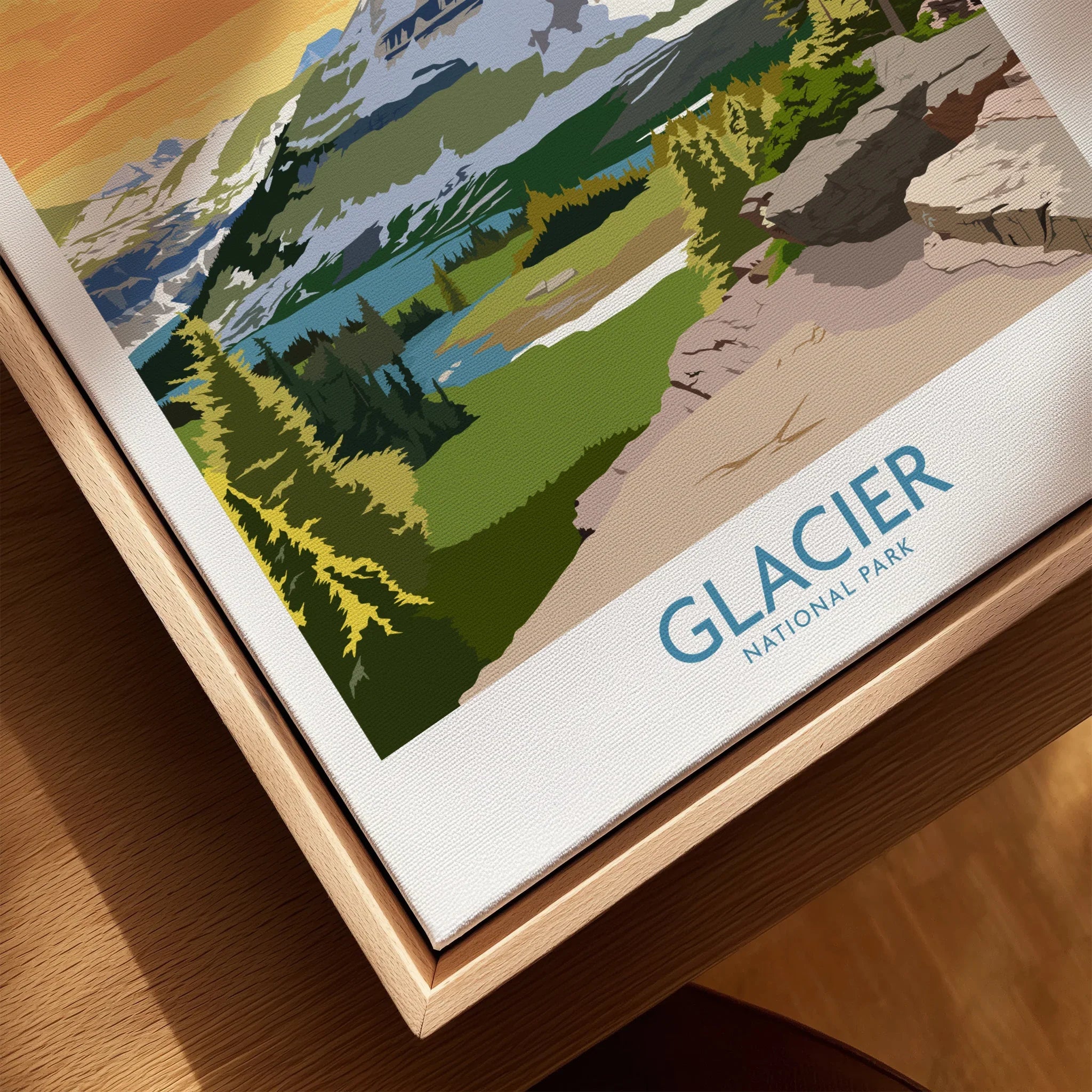 Glacier National Park print in natural wood floating frame, closeup showing landscape details.