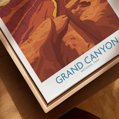 Grand Canyon National Park travel poster close-up in natural wood floating frame