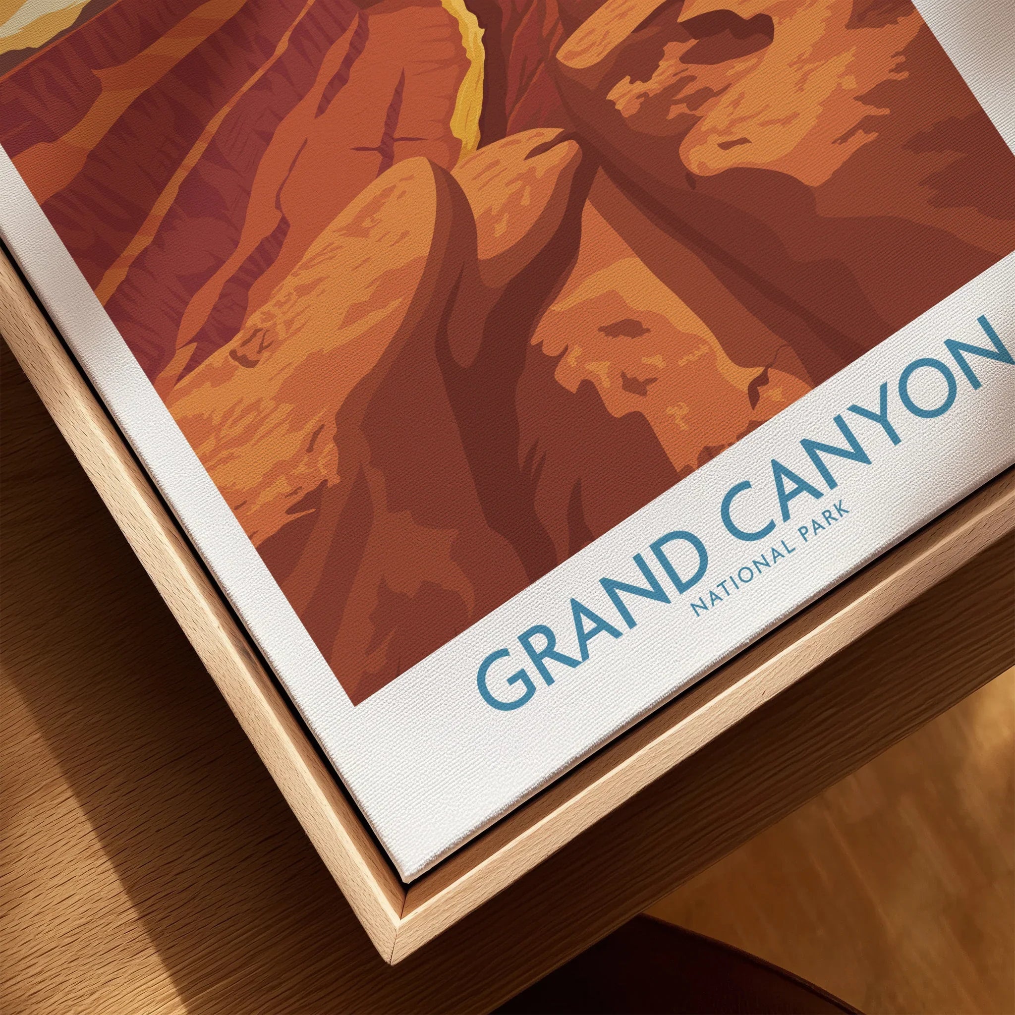 Grand Canyon National Park travel poster close-up in natural wood floating frame