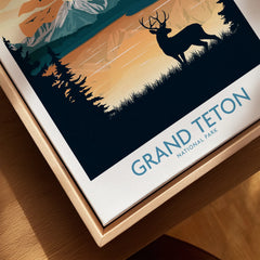 Grand Teton National Park framed wall art with deer silhouette, mountains, and sunset.