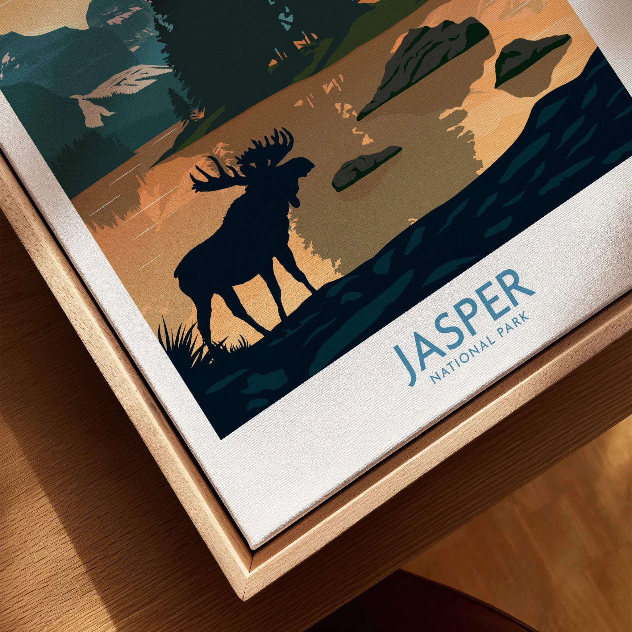 Jasper National Park travel poster close-up in natural wood floating frame