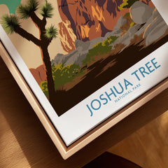 Closeup of Joshua Tree National Park art print with natural wood floating frame