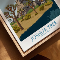 Closeup of Joshua Tree National Park travel poster in natural wood floating frame