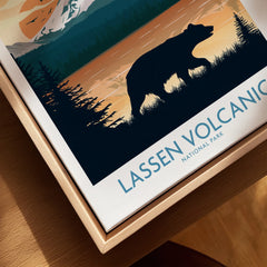 Lassen Volcanic National Park canvas print with bear silhouette in natural wood frame