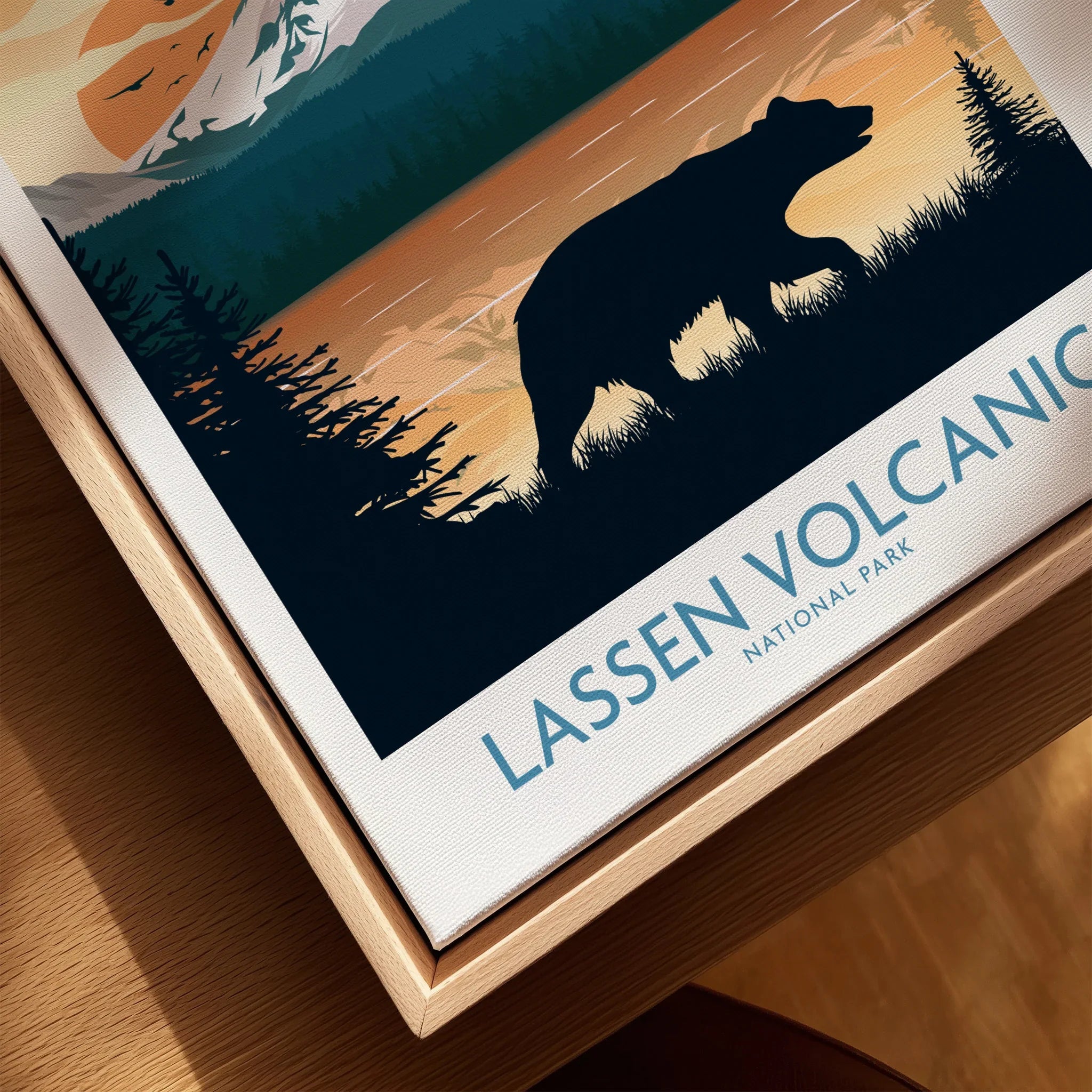 Lassen Volcanic National Park canvas print with bear silhouette in natural wood frame