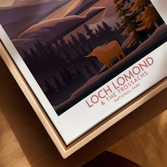 Loch Lomond and The Trossachs National Park travel poster in a natural wood floating frame