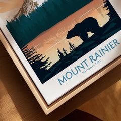 Framed Mount Rainier National Park wall art with silhouette bear and sunset landscape.