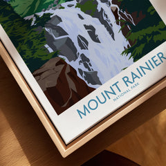 Close-up of Mount Rainier National Park print in natural wood floating frame