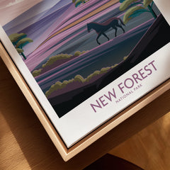 Framed New Forest National Park art print closeup with horse silhouette and nature scene