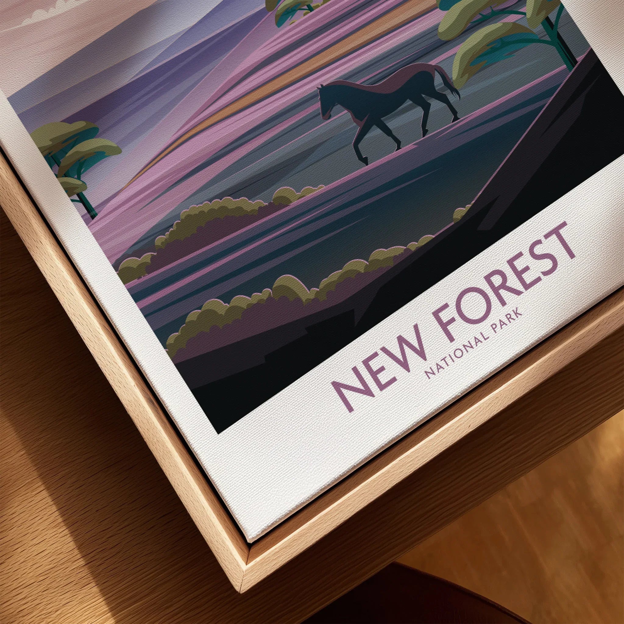 Framed New Forest National Park art print closeup with horse silhouette and nature scene