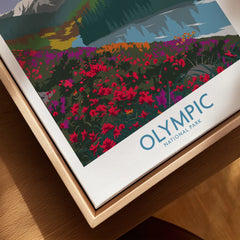 Olympic National Park print with wildflowers in a natural wood floating frame closeup