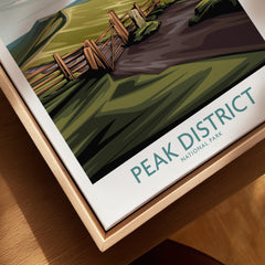 Peak District National Park art print with natural wood floating frame, close-up view