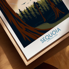 Close-up of framed Sequoia National Park canvas print in natural wood floating frame