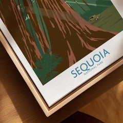 Framed Sequoia National Park art print closeup with natural wood floating frame