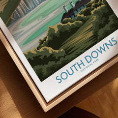 Close-up of South Downs National Park art print in natural wood floating frame