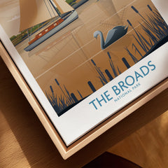 Close-up of framed canvas art print featuring The Broads National Park sailboat and swan.