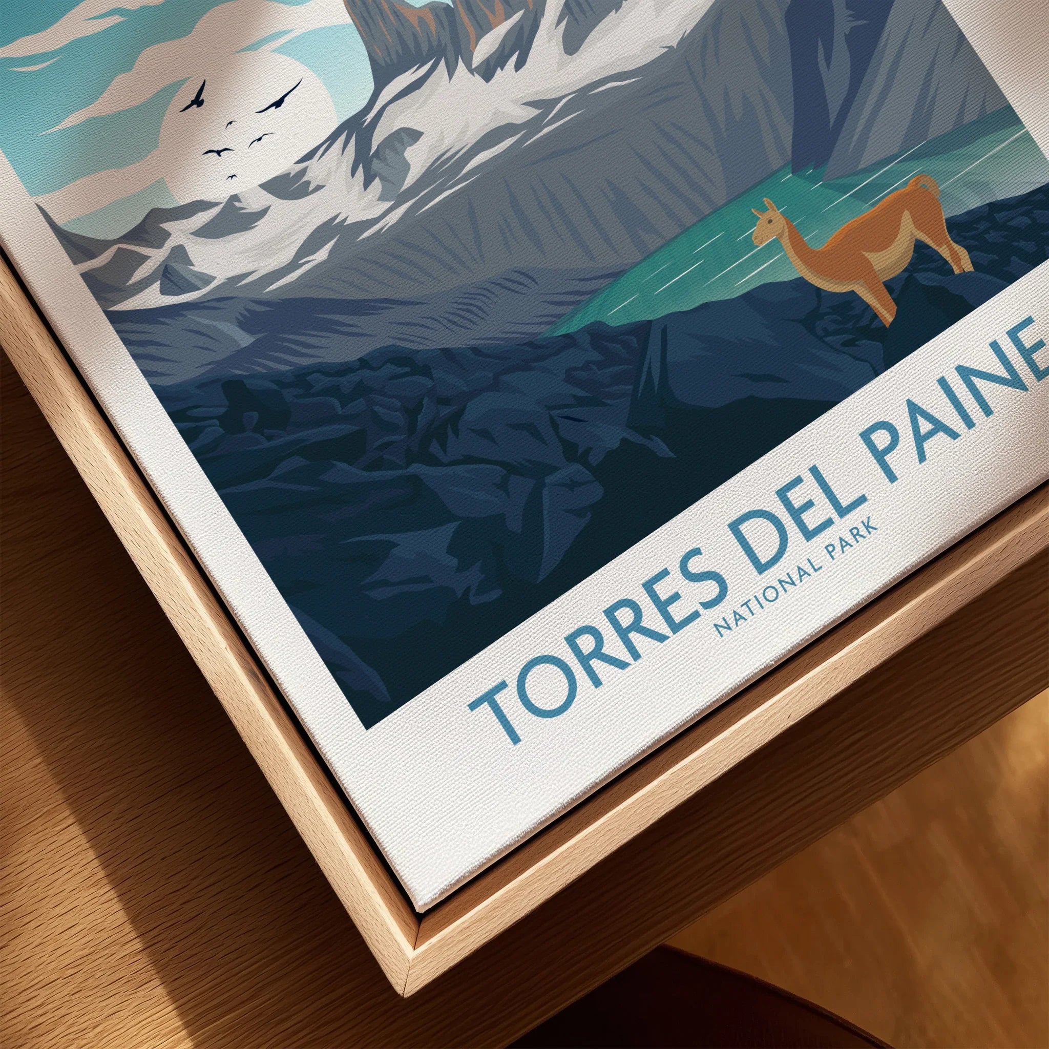 Framed Torres del Paine National Park travel poster with mountains and wildlife illustration