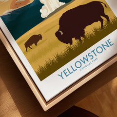 Yellowstone National Park travel poster with bison, framed in natural wood