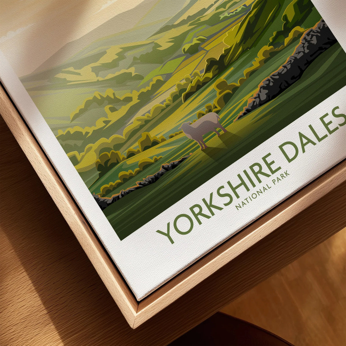 Yorkshire Dales National Park travel poster in natural wood floating frame, close-up view