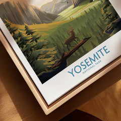 Yosemite National Park art print with deer in forest, framed in natural wood