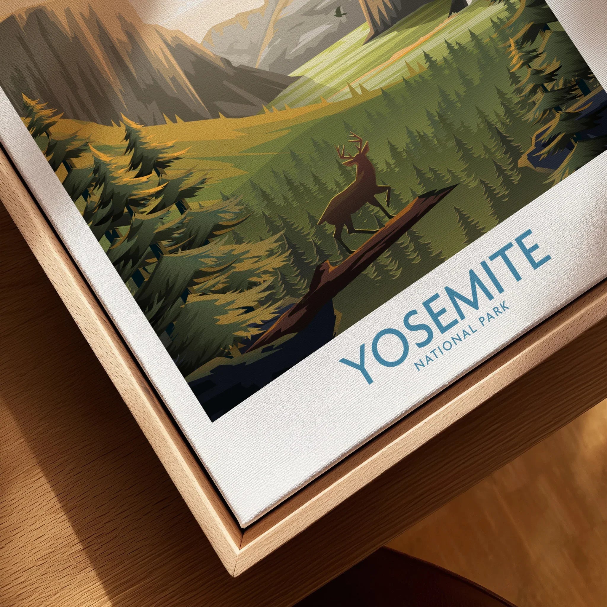 Yosemite National Park art print with deer in forest, framed in natural wood