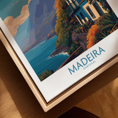 Closeup of Madeira Portugal travel art print with natural wood floating frame