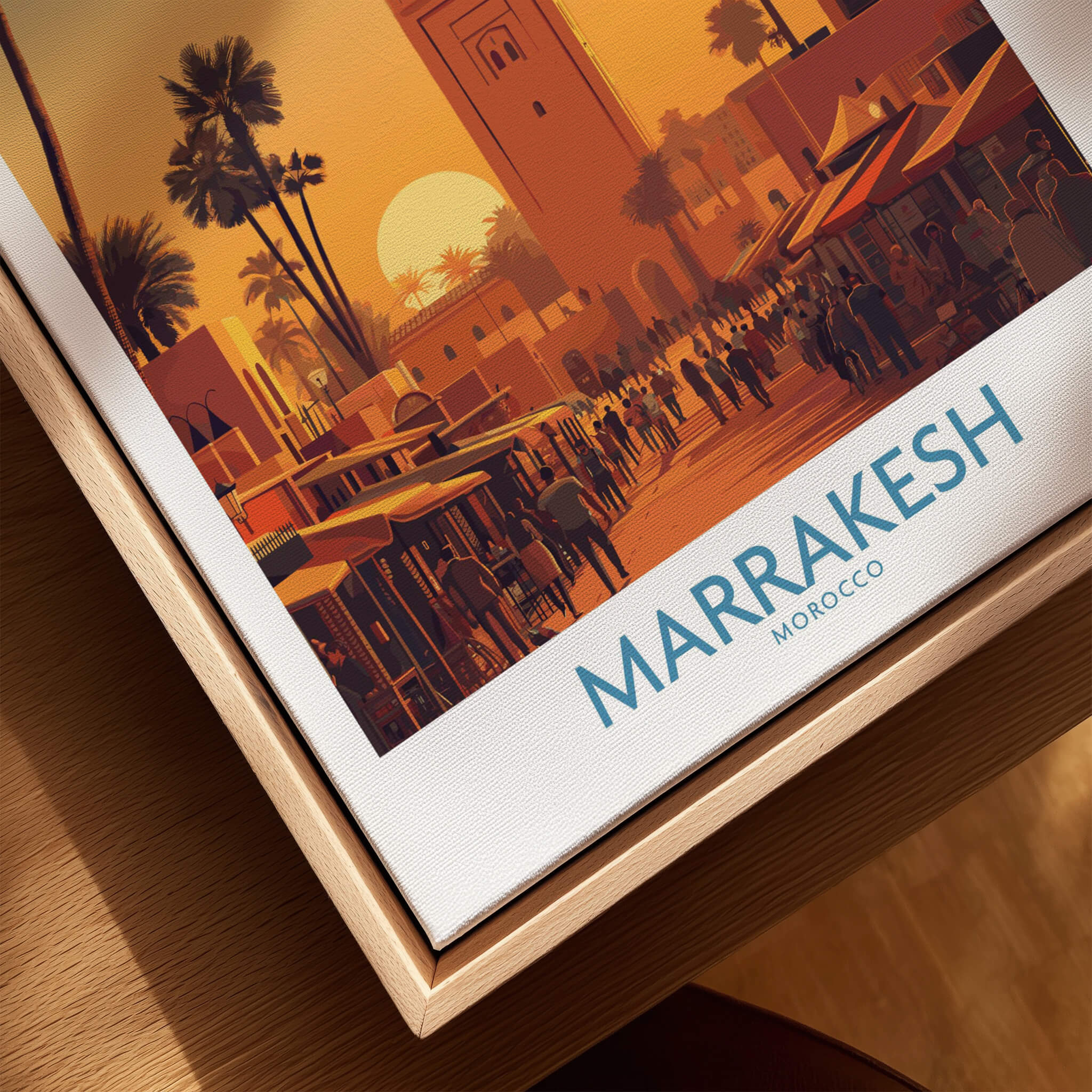 Marrakesh Morocco Posters | Historic Medina Sunset Canvas Print detail featuring bustling streets and palm trees.