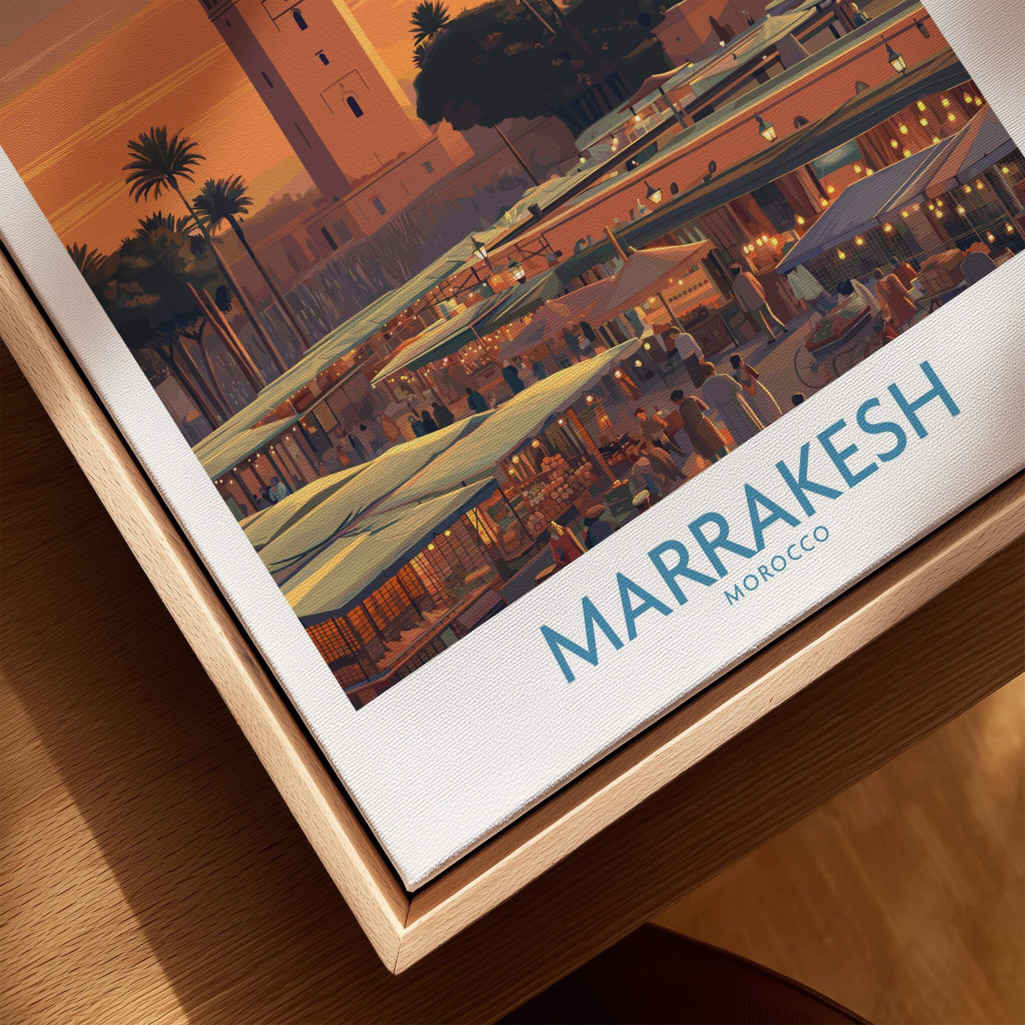 Marrakesh Morocco Canvas Art Print | Jemaa el-Fnaa Market Scene Poster showcasing vibrant market with stalls and palm trees.