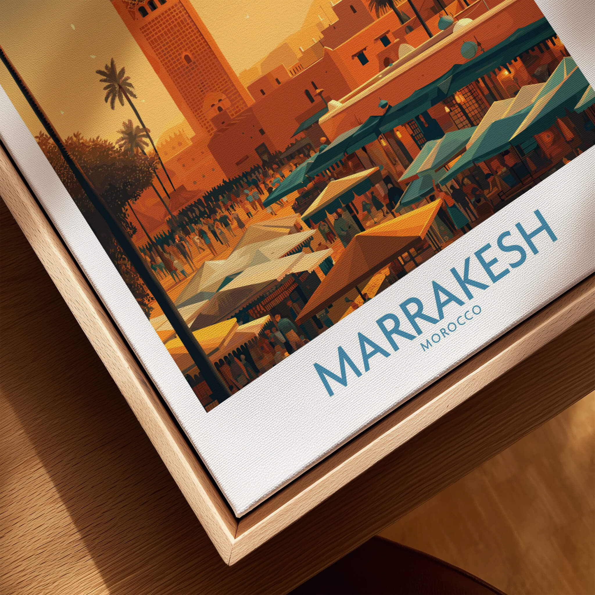 Marrakesh Morocco Poster | Traditional Moroccan Architecture Canvas Print featuring vibrant market scene and colorful stalls.