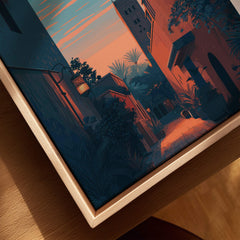 Marrakesh Morocco Travel Poster | Medina Alleyway Twilight Wall Art Print featuring a vibrant alleyway at twilight.