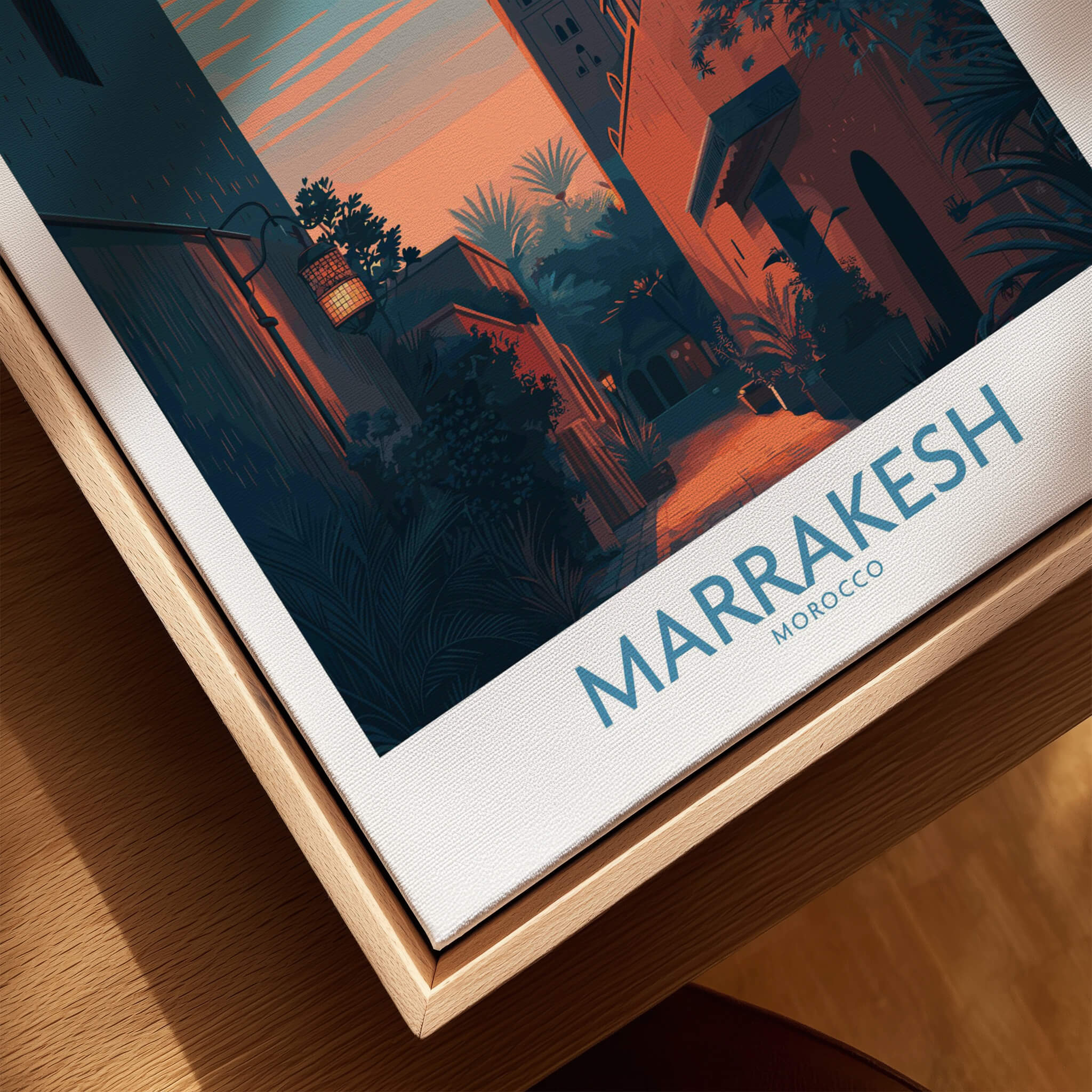 Marrakesh Morocco Canvas Print | Cityscape Poster featuring a vibrant alleyway at twilight.
