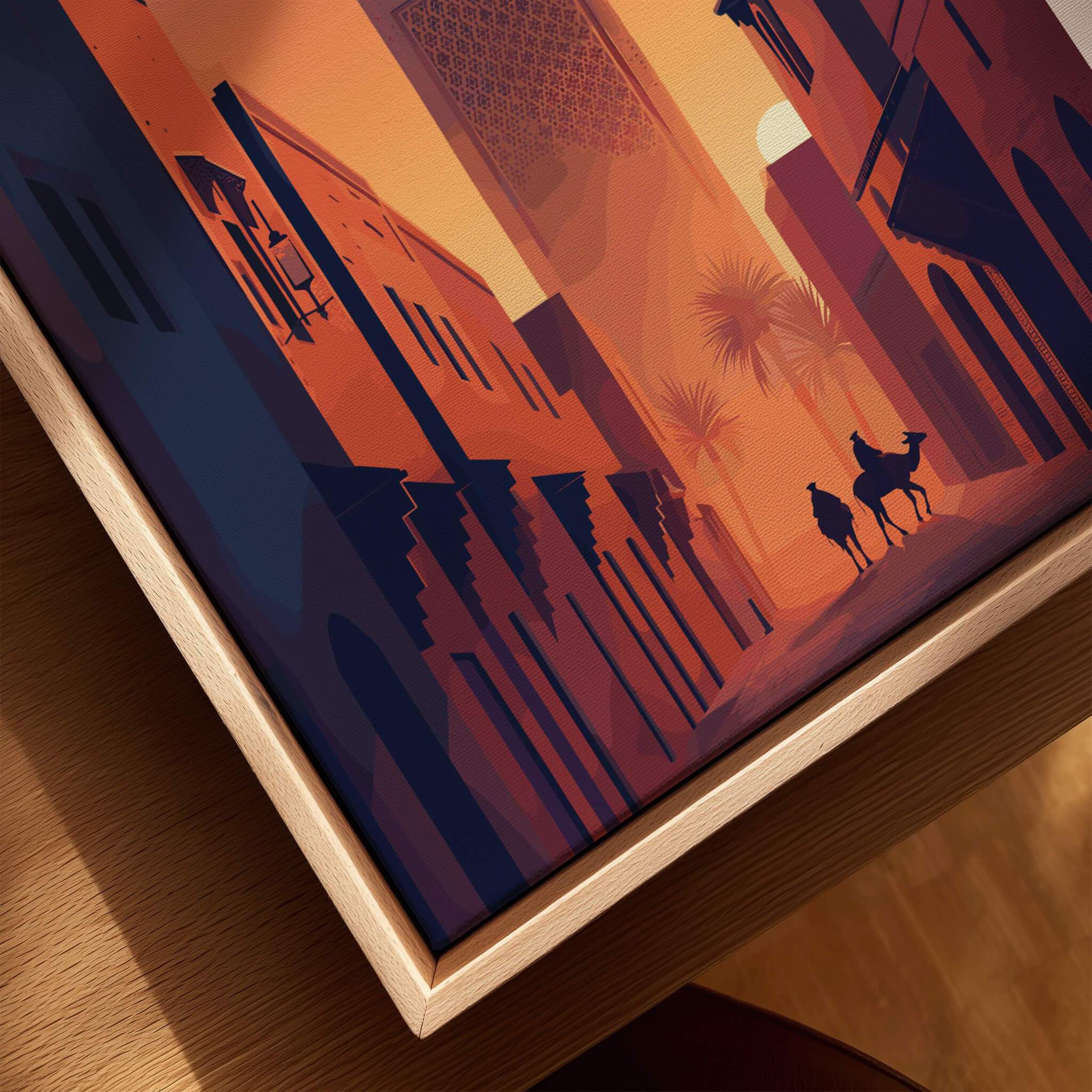 Marrakesh Morocco Travel Poster | Iconic Koutoubia Minaret Wall Art Print featuring a vibrant street scene with camels.