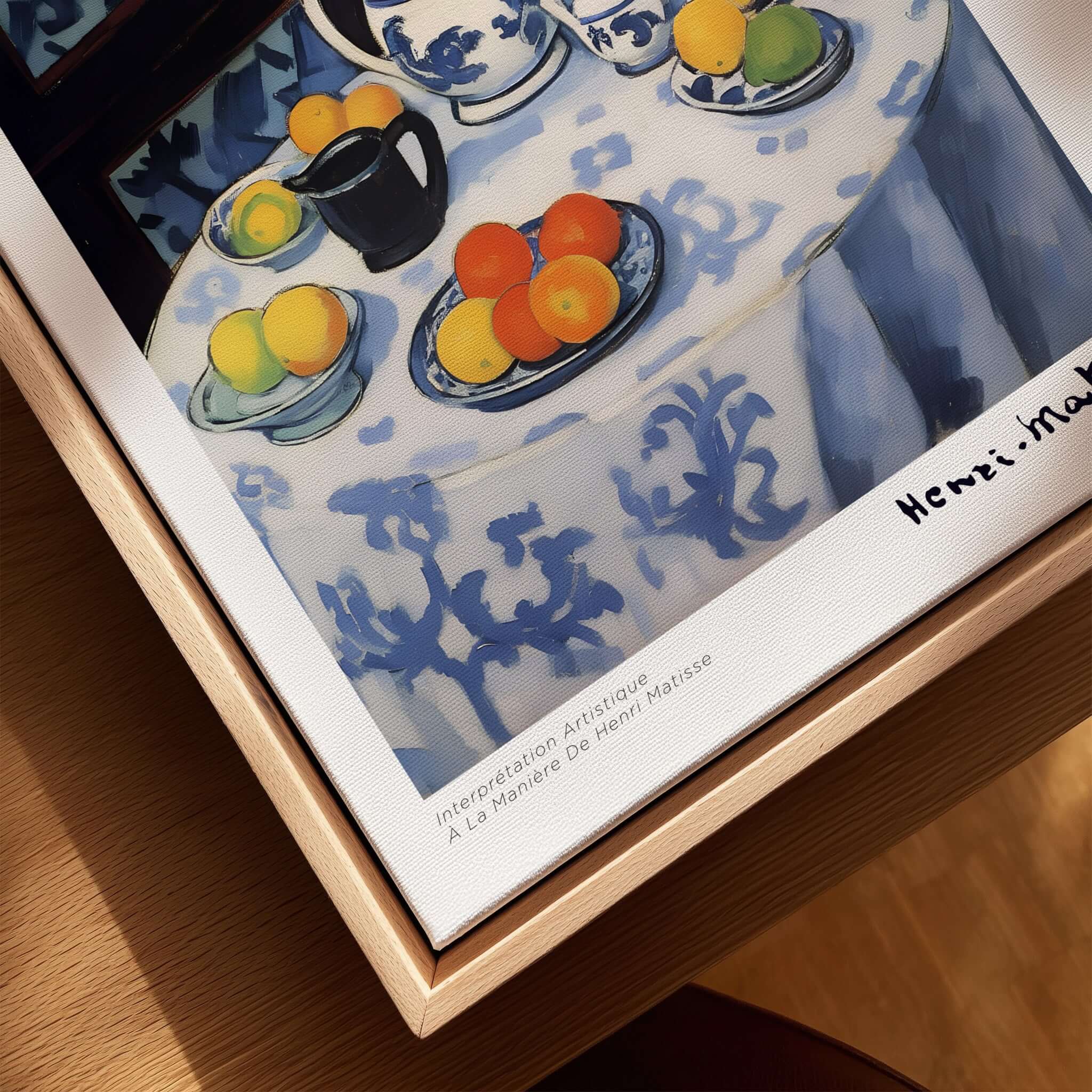 Matisse Art Prints - Still Life Blue Tablecloth Poster featuring a blue patterned tablecloth with fruit and teapot.