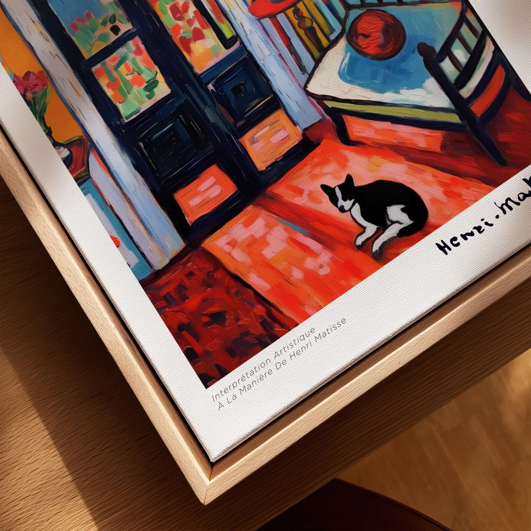 Matisse Art Prints - Interior with Cat and Open Door Poster showcasing a vibrant room with a cat and open black door.