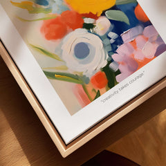 Matisse Art Prints - Abstract Flowers Poster displayed in a wooden frame, featuring bold floral colors and a motivational quote.