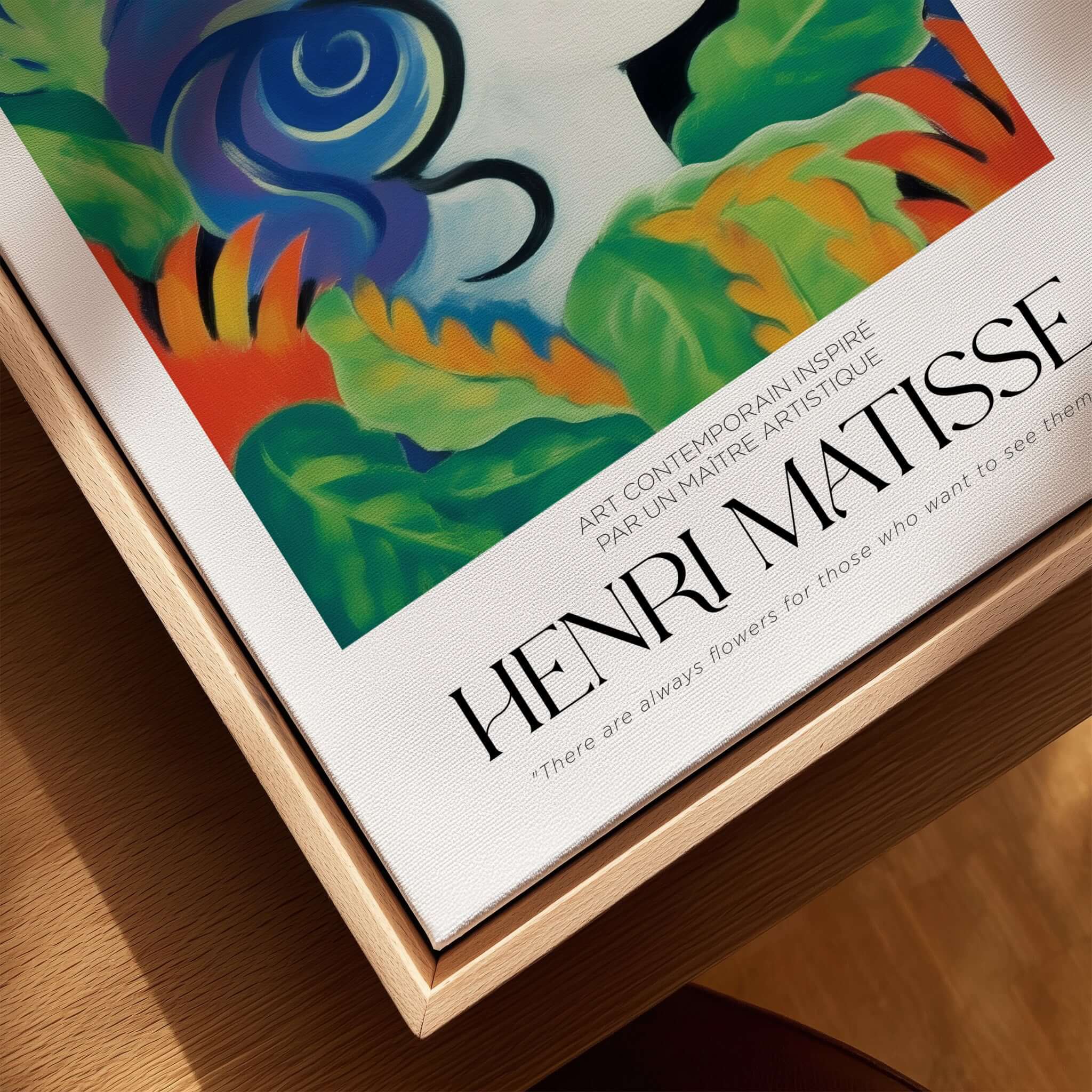 Matisse Art Prints - Woman with Flowers Abstract Art Print displayed on a wooden frame with colorful foliage and quote.