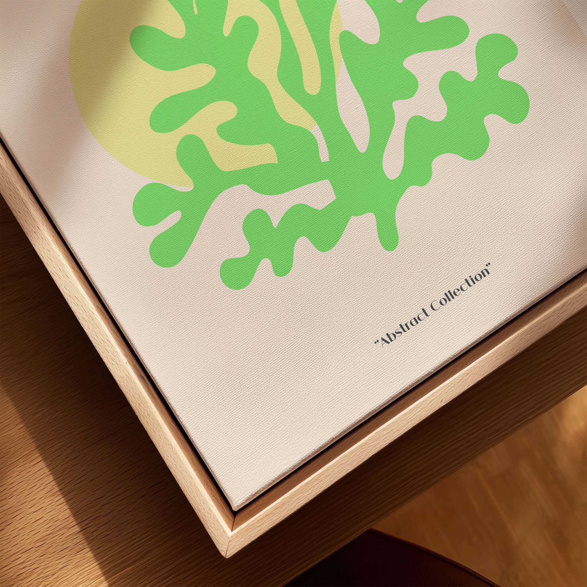 Matisse Art Prints - Lime Green Coral Abstract Sun Print close-up view of vibrant coral design on canvas in a wooden frame.