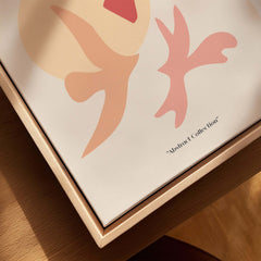Matisse Art Prints - Abstract Birds Sun Shapes Poster displayed on a wooden surface in a minimalist design.
