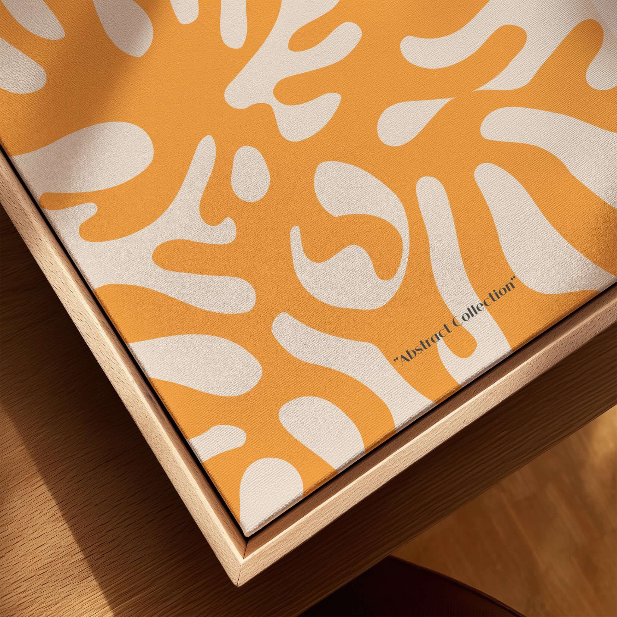 Matisse Art Prints - Orange Abstract Coral Pattern Poster showcased on a wooden frame with bold orange and white patterns.